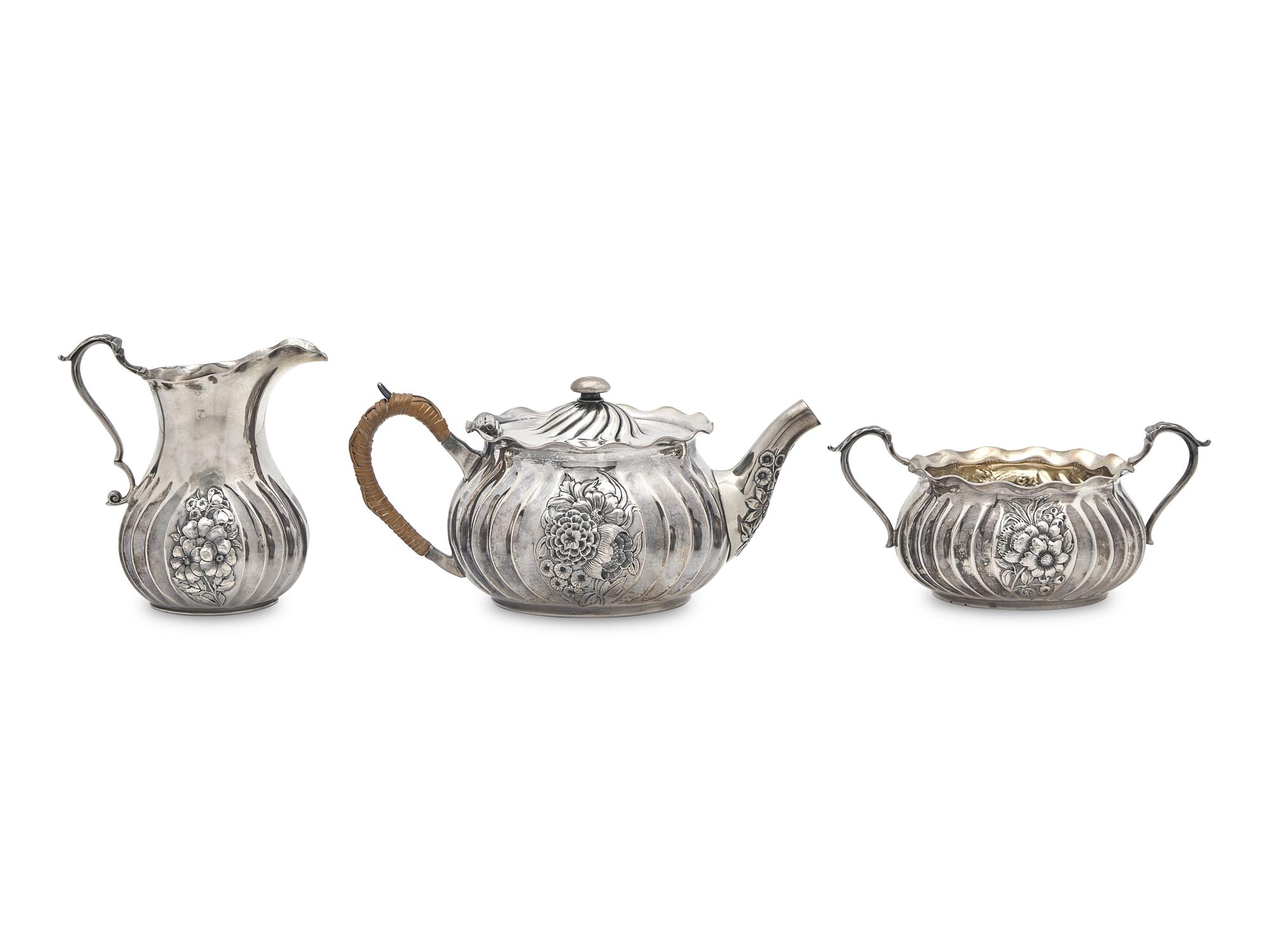 A Cased Three-Piece Sterling Silver Tea Service, Gorham Mfg. Co., Providence, RI, Date Mark for 1887