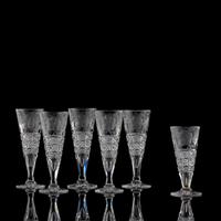 Six Tuthill "Harvard" Cut Glass Flutes with Primroses, in Two Sizes