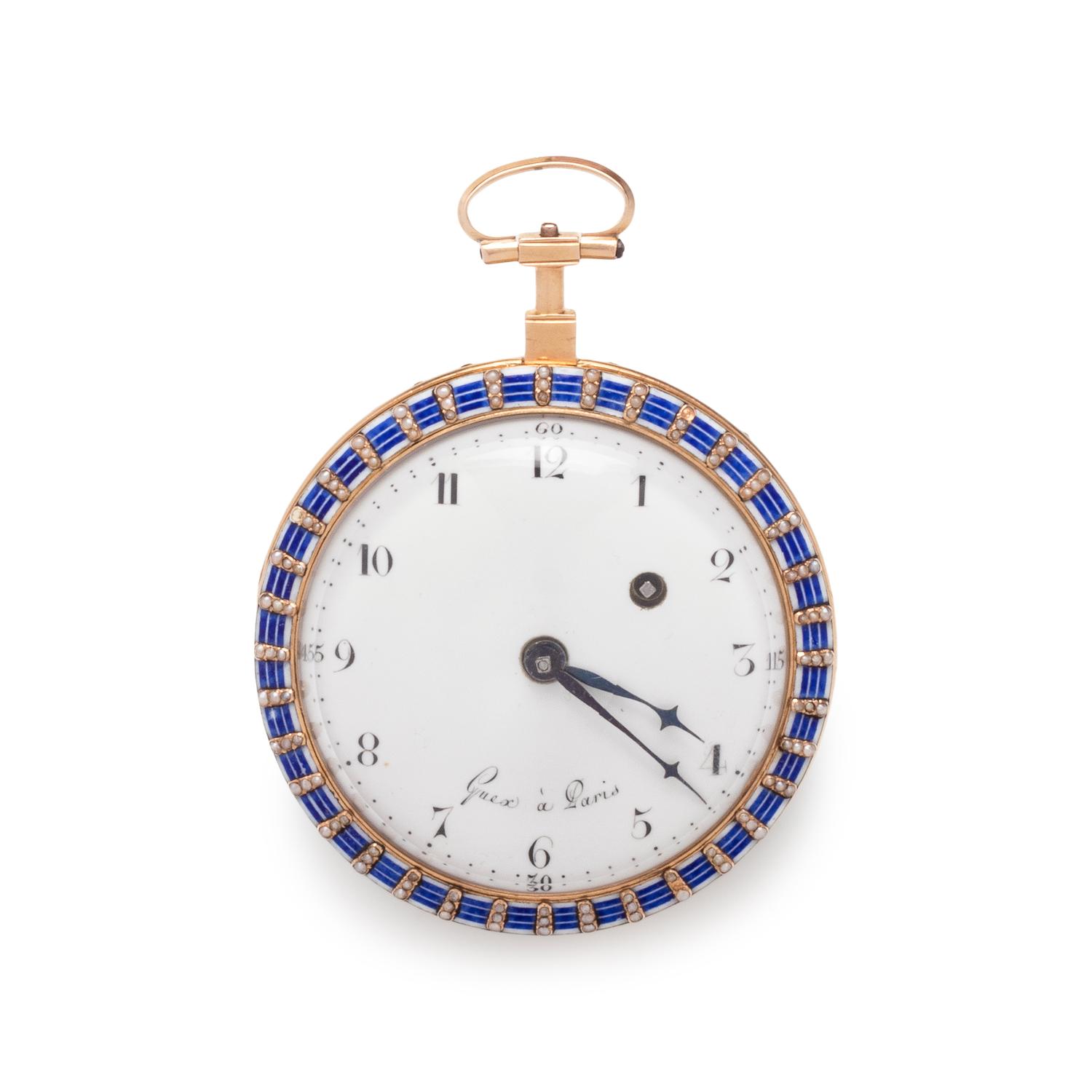 GUEX, ENAMEL AND SEED PEARL OPEN FACE POCKET WATCH