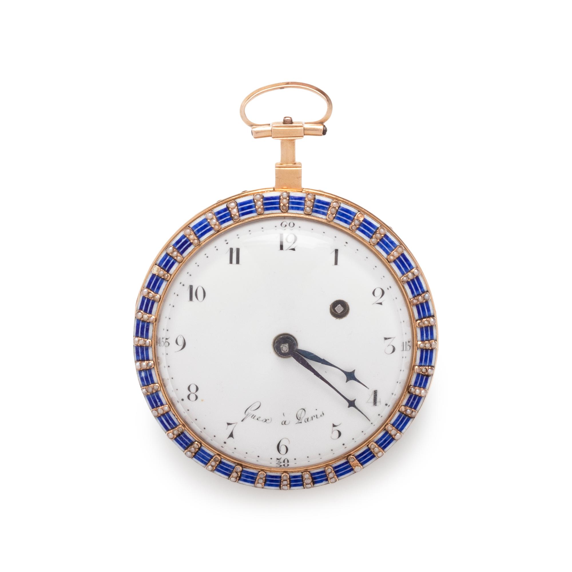 GUEX, ENAMEL AND SEED PEARL OPEN FACE POCKET WATCH