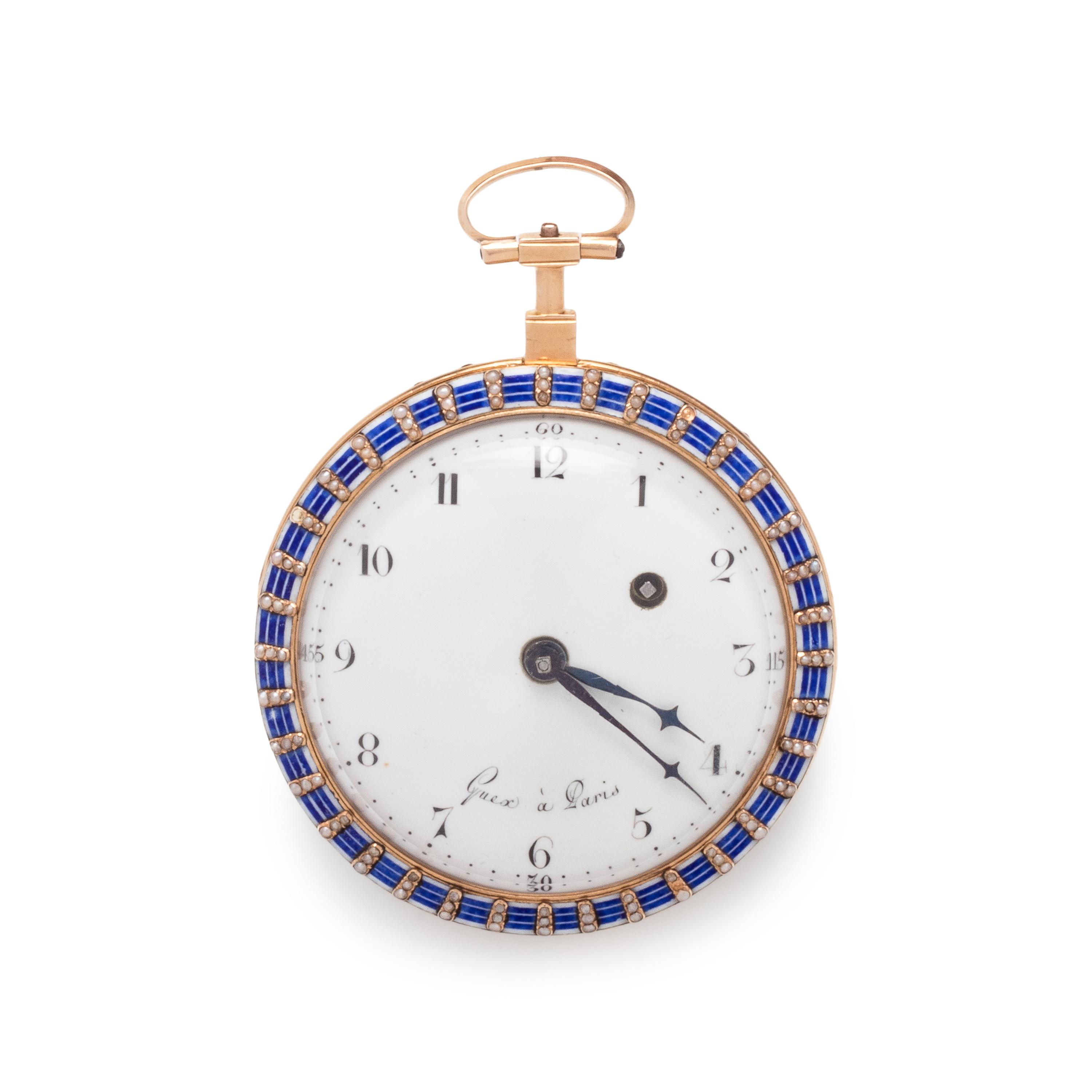 GUEX, ENAMEL AND SEED PEARL OPEN FACE POCKET WATCH