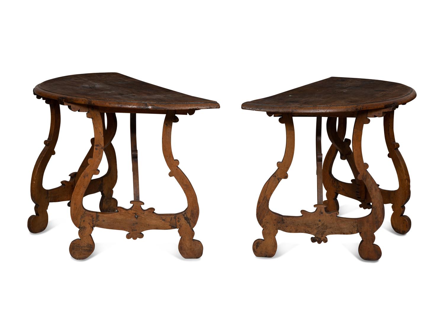 A Pair of Italian Baroque Walnut Demilune Console Tables
