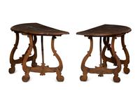 A Pair of Italian Baroque Walnut Demilune Console Tables