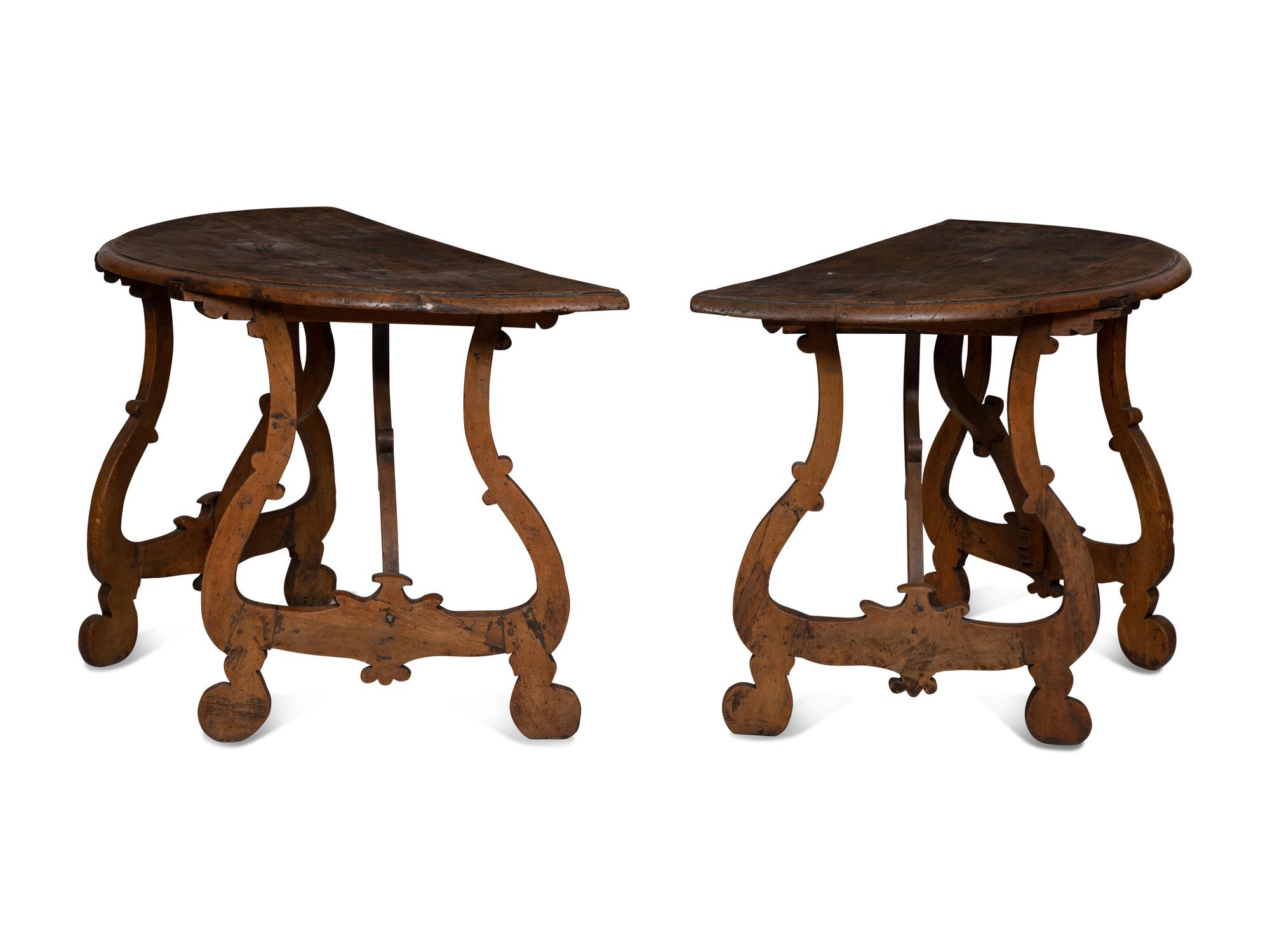 A Pair of Italian Baroque Walnut Demilune Console Tables