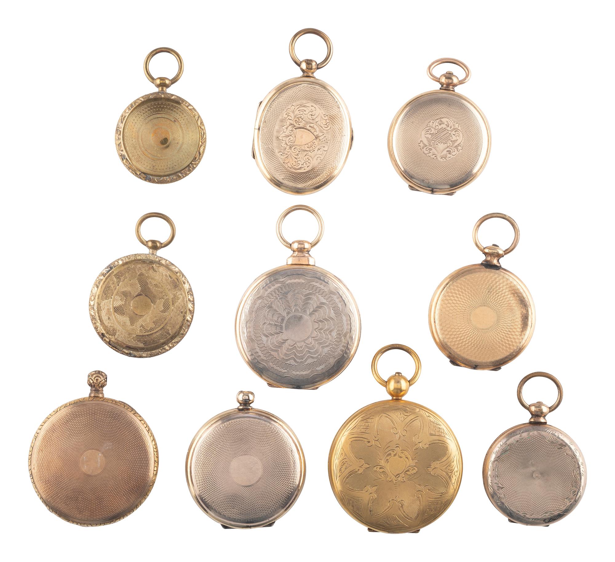[EARLY PHOTOGRAPHY]. A group of 10 lockets containing 14 daguerreotypes of children and young men and women.