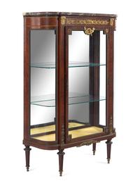 A Louis XVI Style Gilt Bronze Mounted Kingwood Veneered Marble-Top Vitrine Cabinet