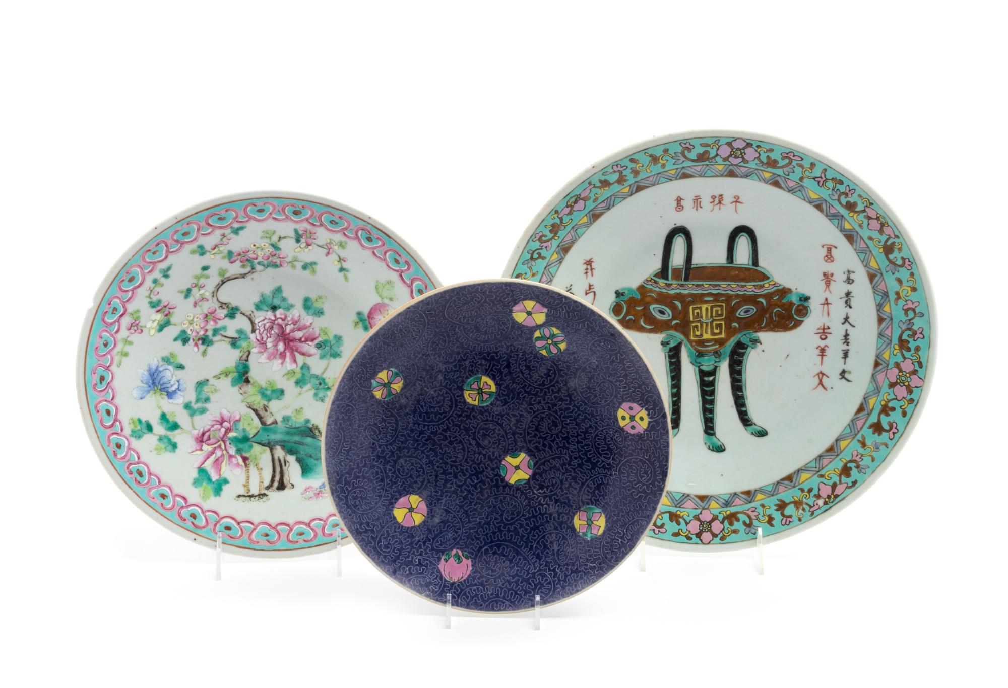 Three Chinese Famille Rose Porcelain Plates Diameter of largest 13 1/2 inches.