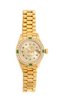 An 18 Karat Yellow Gold, Diamond and Emerald Ref. 69138 Oyster Perpetual Datejust Wristwatch, Rolex,