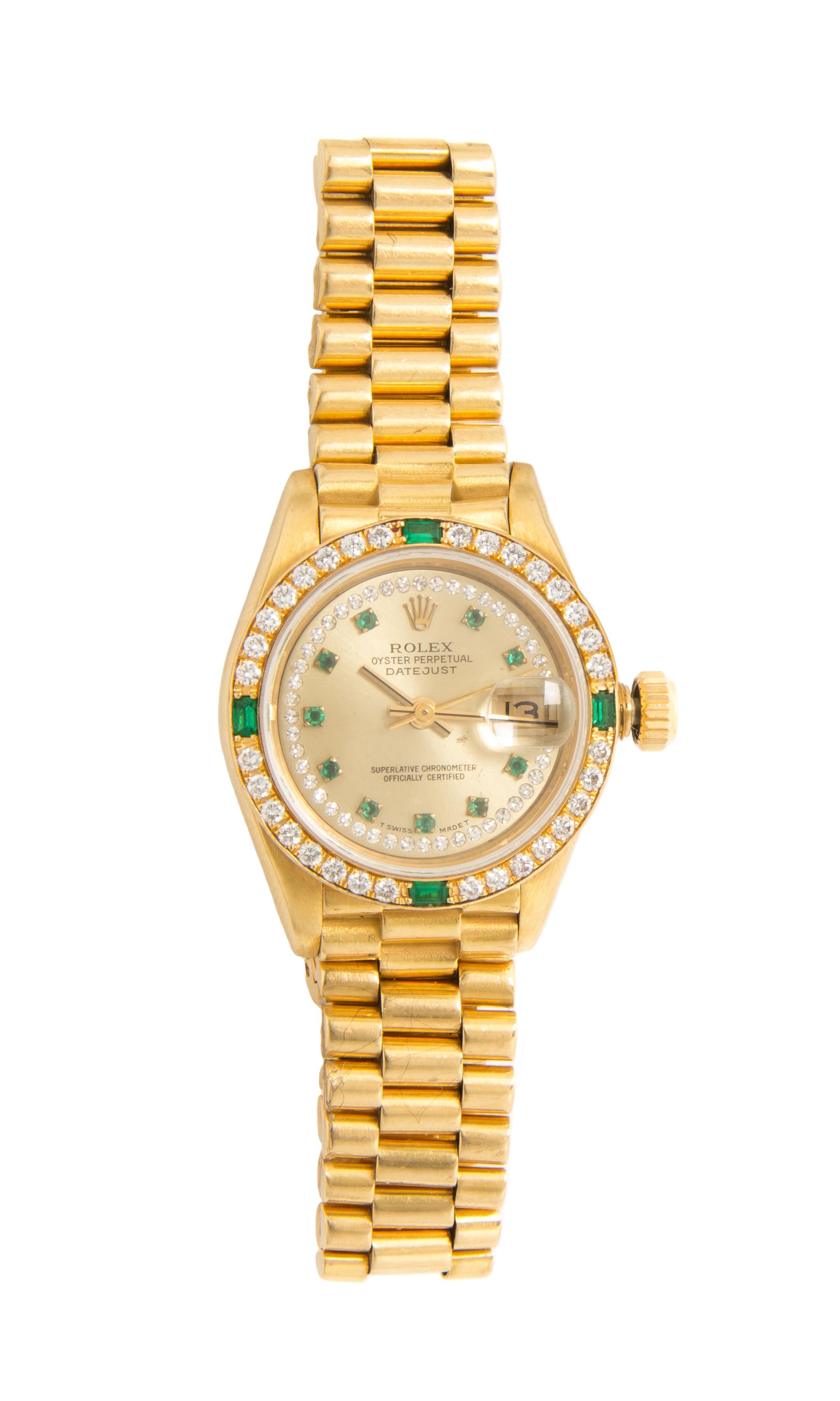 An 18 Karat Yellow Gold, Diamond and Emerald Ref. 69138 Oyster Perpetual Datejust Wristwatch, Rolex,