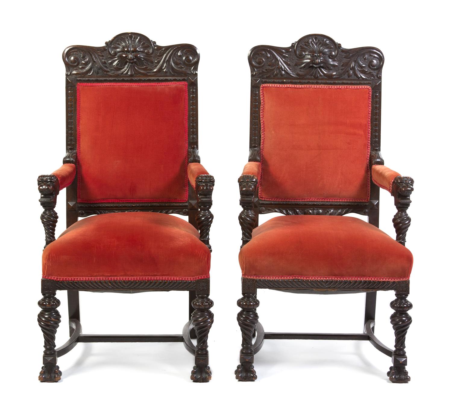 A Pair of Renaissance Revival Open Armchairs, Height 49 inches.