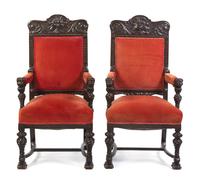 A Pair of Renaissance Revival Open Armchairs, Height 49 inches.