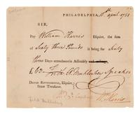 MUHLENBERG, Frederick A. (1750-1801), first Speaker of the House of Representatives. Partially printed document signed ("Fredk. A Muhlenberg Speaker"), as Speaker, counter signed by William Harris. Philadelphia, 10 April 1781.