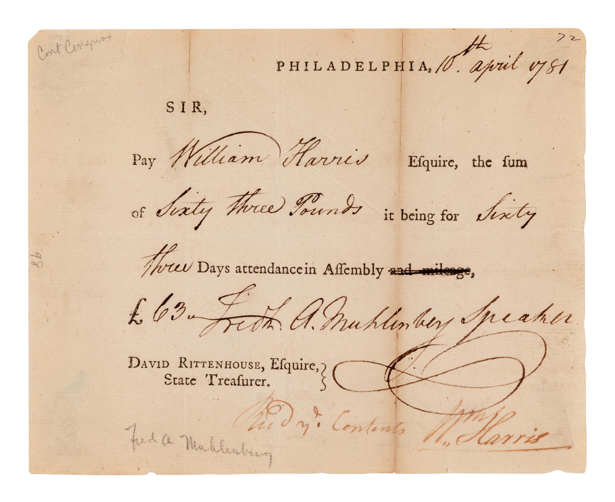 MUHLENBERG, Frederick A. (1750-1801), first Speaker of the House of Representatives. Partially printed document signed ("Fredk. A Muhlenberg Speaker"), as Speaker, counter signed by William Harris. Philadelphia, 10 April 1781.