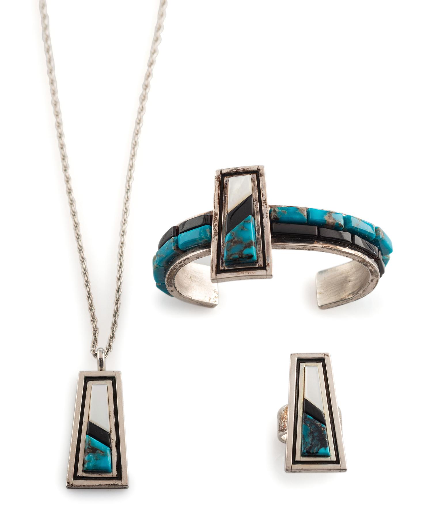 Silver and Cobblestone Inlay Cuff Bracelet, Pendant, AND Ring Suite