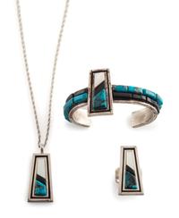Silver and Cobblestone Inlay Cuff Bracelet, Pendant, AND Ring Suite
