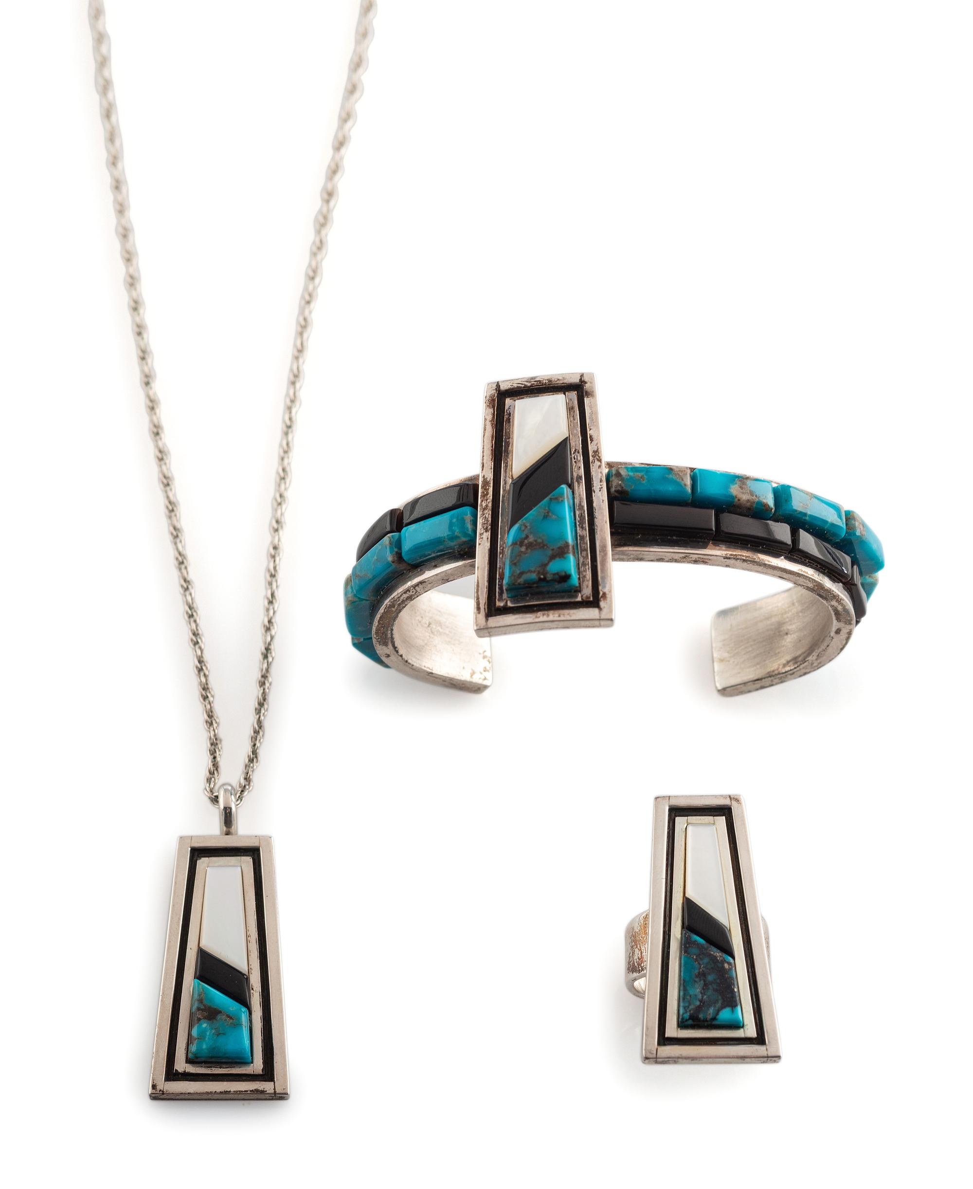 Silver and Cobblestone Inlay Cuff Bracelet, Pendant, AND Ring Suite