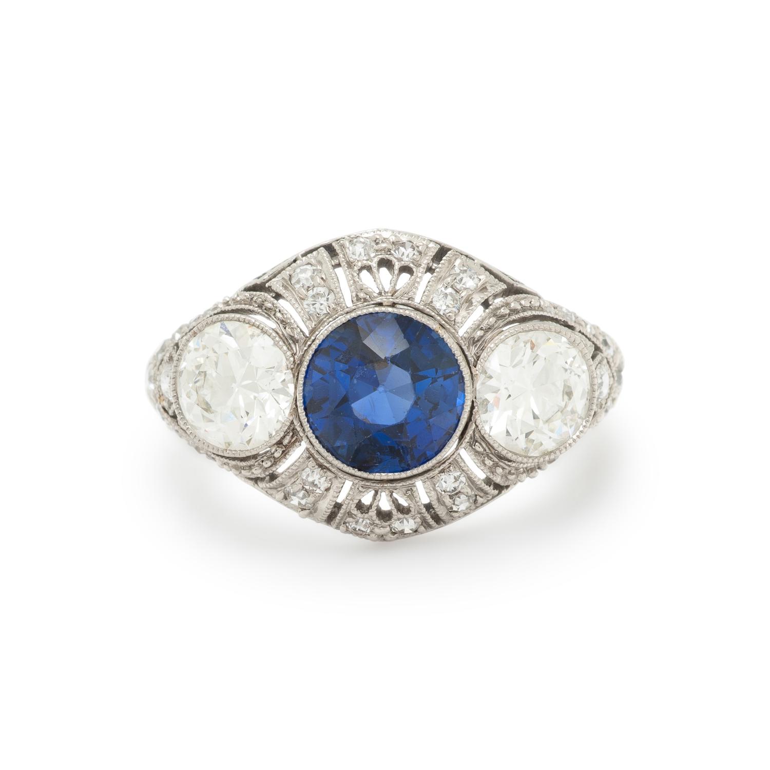 SAPPHIRE, DIAMOND, AND PLATINUM RING