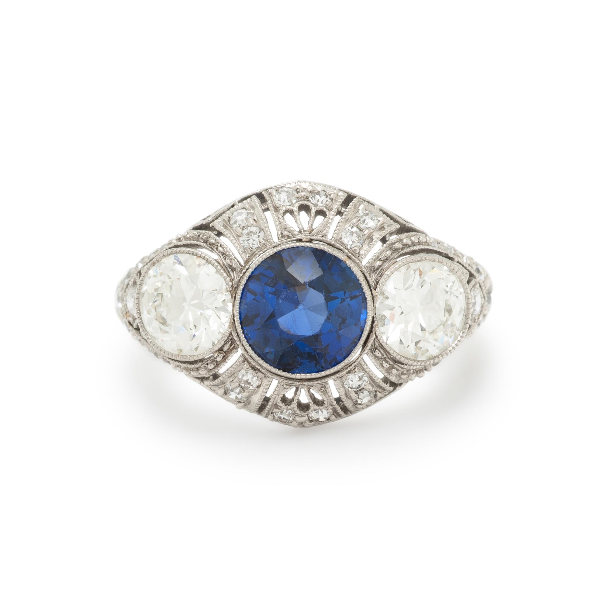 SAPPHIRE, DIAMOND, AND PLATINUM RING