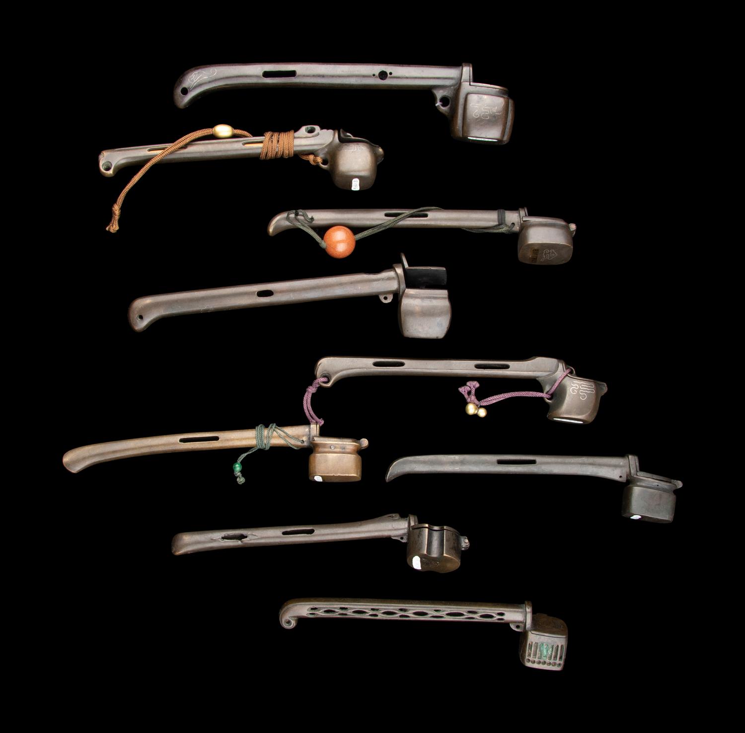 Nine Japanese Reticulated Bronze Portable Writing Sets, Yatate
