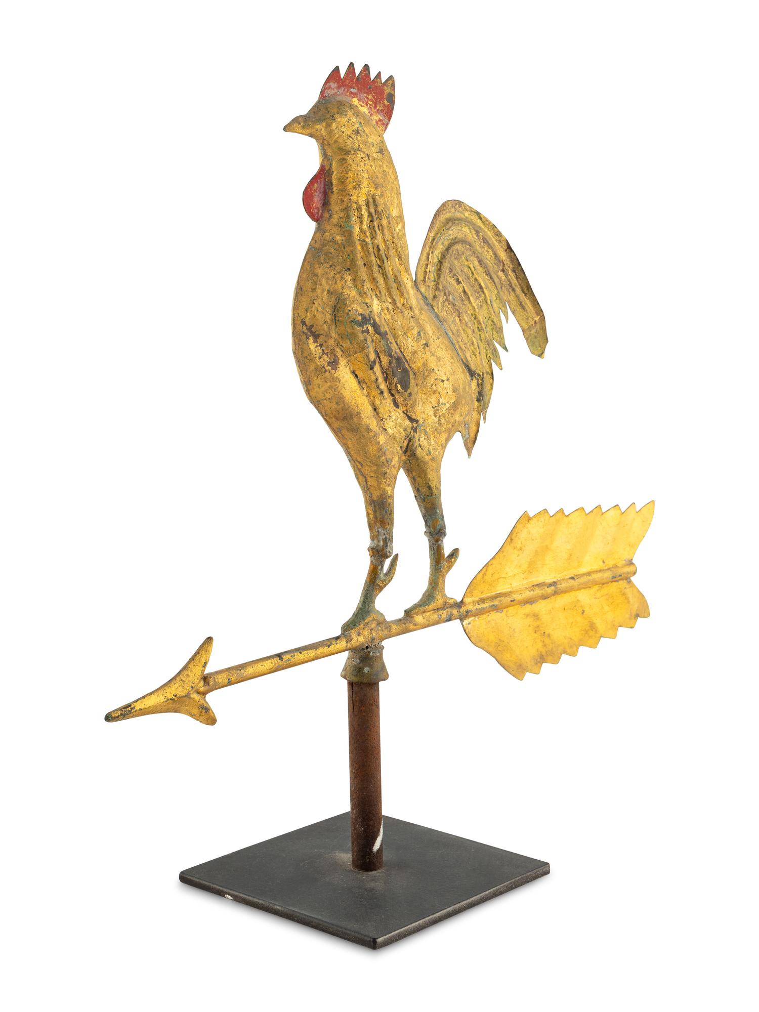 A Gilt and Red Painted Molded Copper Rooster Weathervane