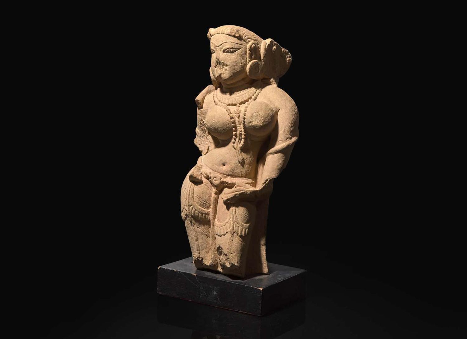 An Indian carved sandstone figure of a celestial maiden, Madhya Pradesh, 11th-12th century 印度砂岩神像 十一或十二世紀