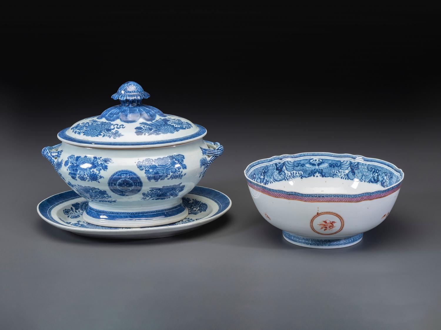 A Chinese Export Blue Fitzhugh Porcelain Tureen, Undertray, and Punch Bowl