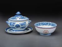 A Chinese Export Blue Fitzhugh Porcelain Tureen, Undertray, and Punch Bowl