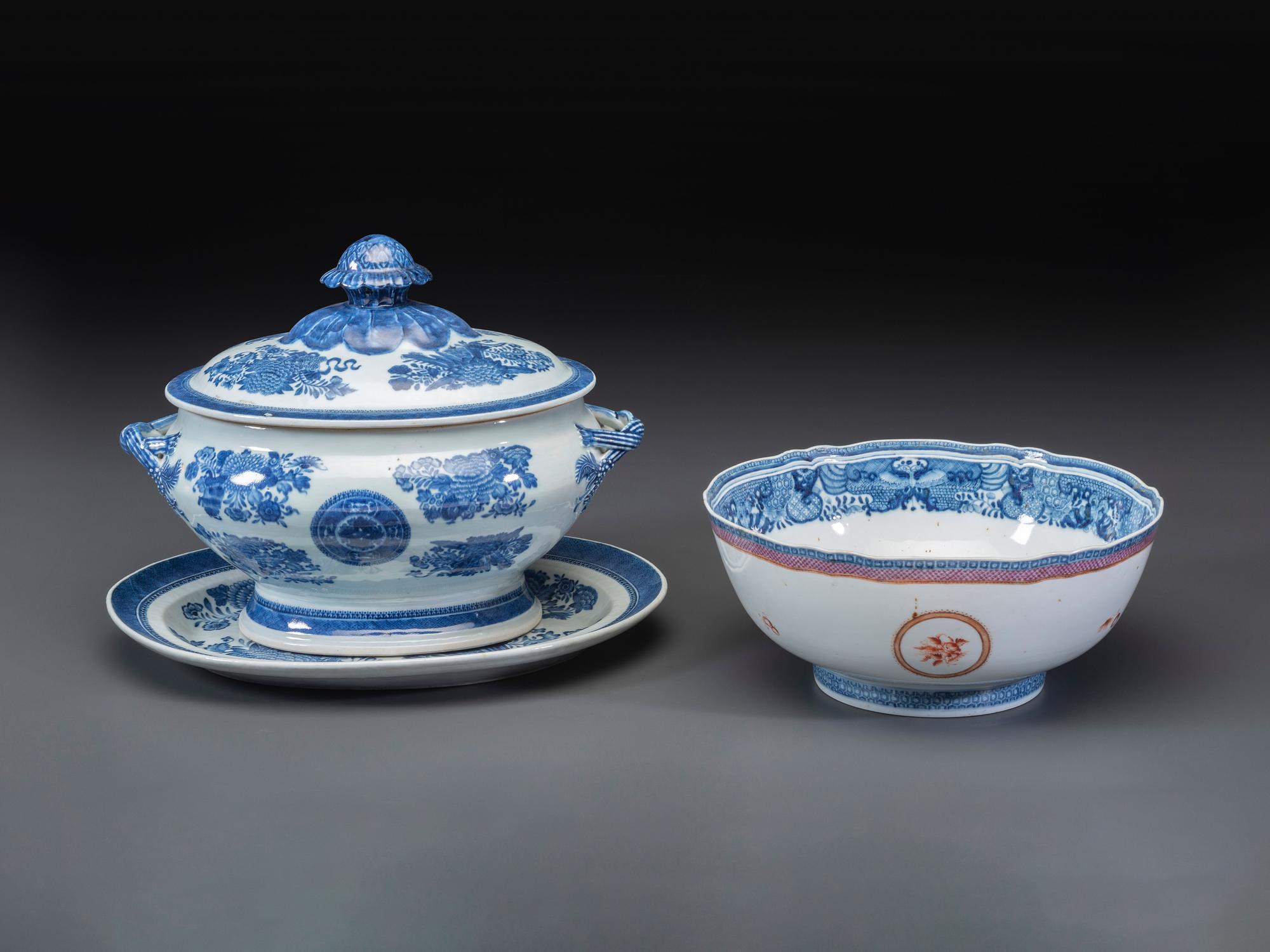 A Chinese Export Blue Fitzhugh Porcelain Tureen, Undertray, and Punch Bowl