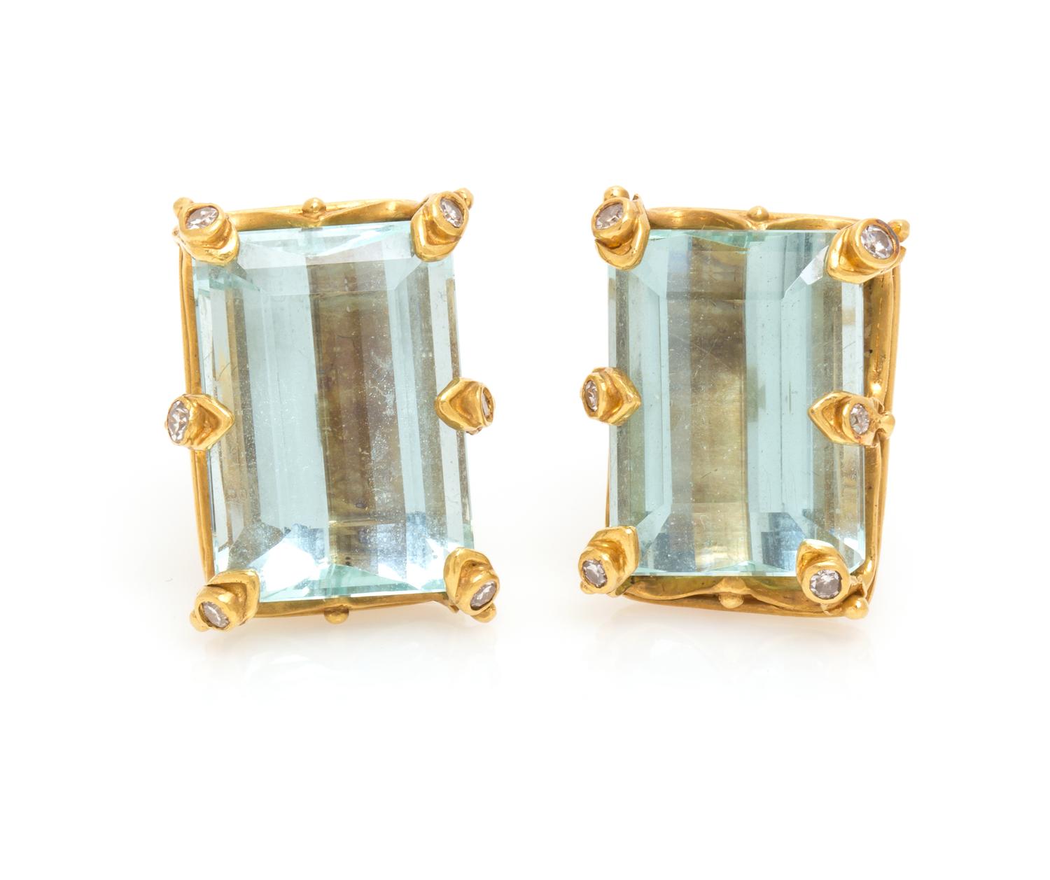 A Pair of 22 Karat and 18 Karat Yellow Gold, Aquamarine and Diamond Earrings, Luna Felix, 13.30 dwts.