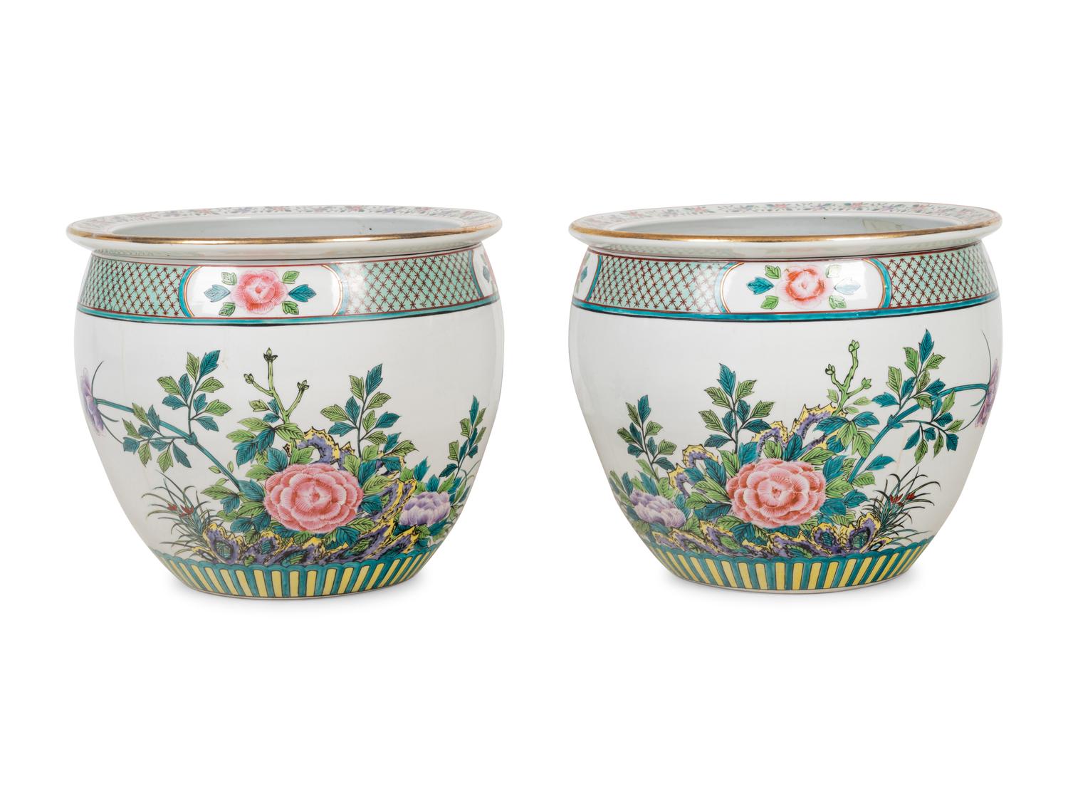 A Pair of Chinese Export Enameled Porcelain Jardinières