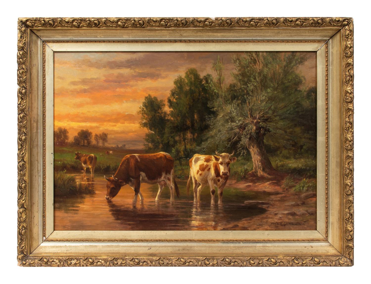 Thomas Bigelow Craig (American, 1849-1924) Cows in Landscape at Sunrise oil on canvas