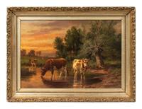 Thomas Bigelow Craig (American, 1849-1924) Cows in Landscape at Sunrise oil on canvas