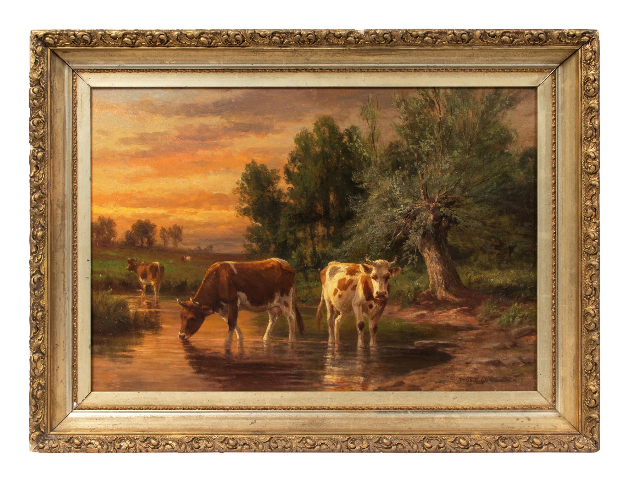 Thomas Bigelow Craig (American, 1849-1924) Cows in Landscape at Sunrise oil on canvas