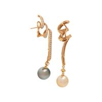 YELLOW GOLD, DIAMOND AND CULTURED PEARL CONVERTIBLE EARCLIPS
