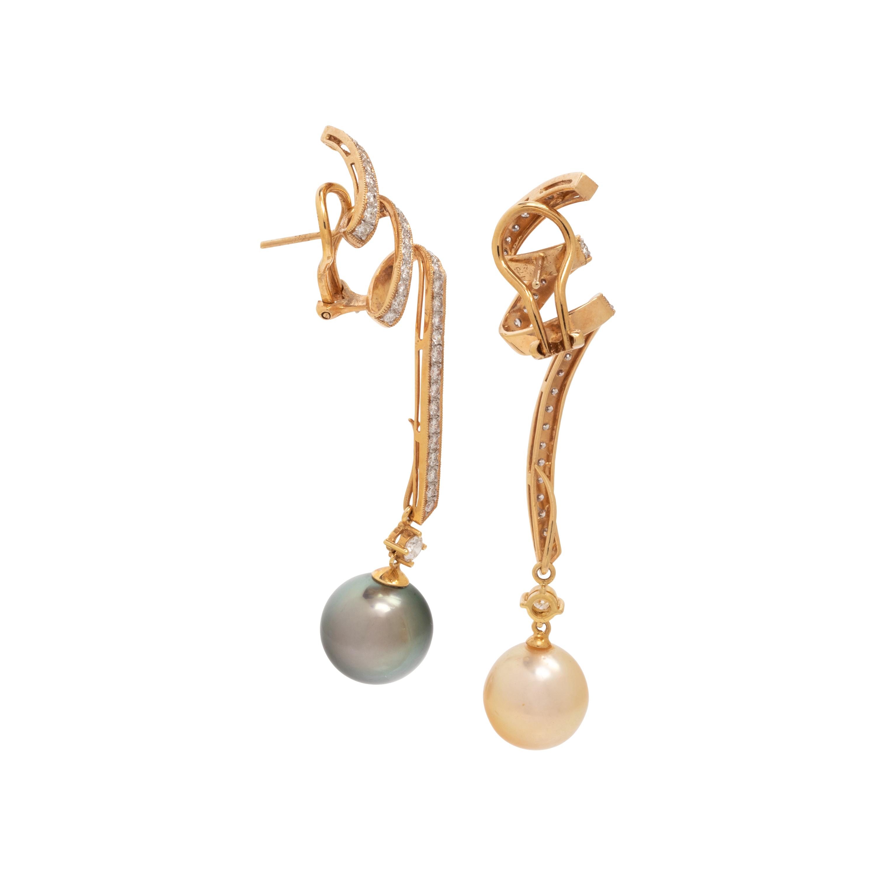 YELLOW GOLD, DIAMOND AND CULTURED PEARL CONVERTIBLE EARCLIPS