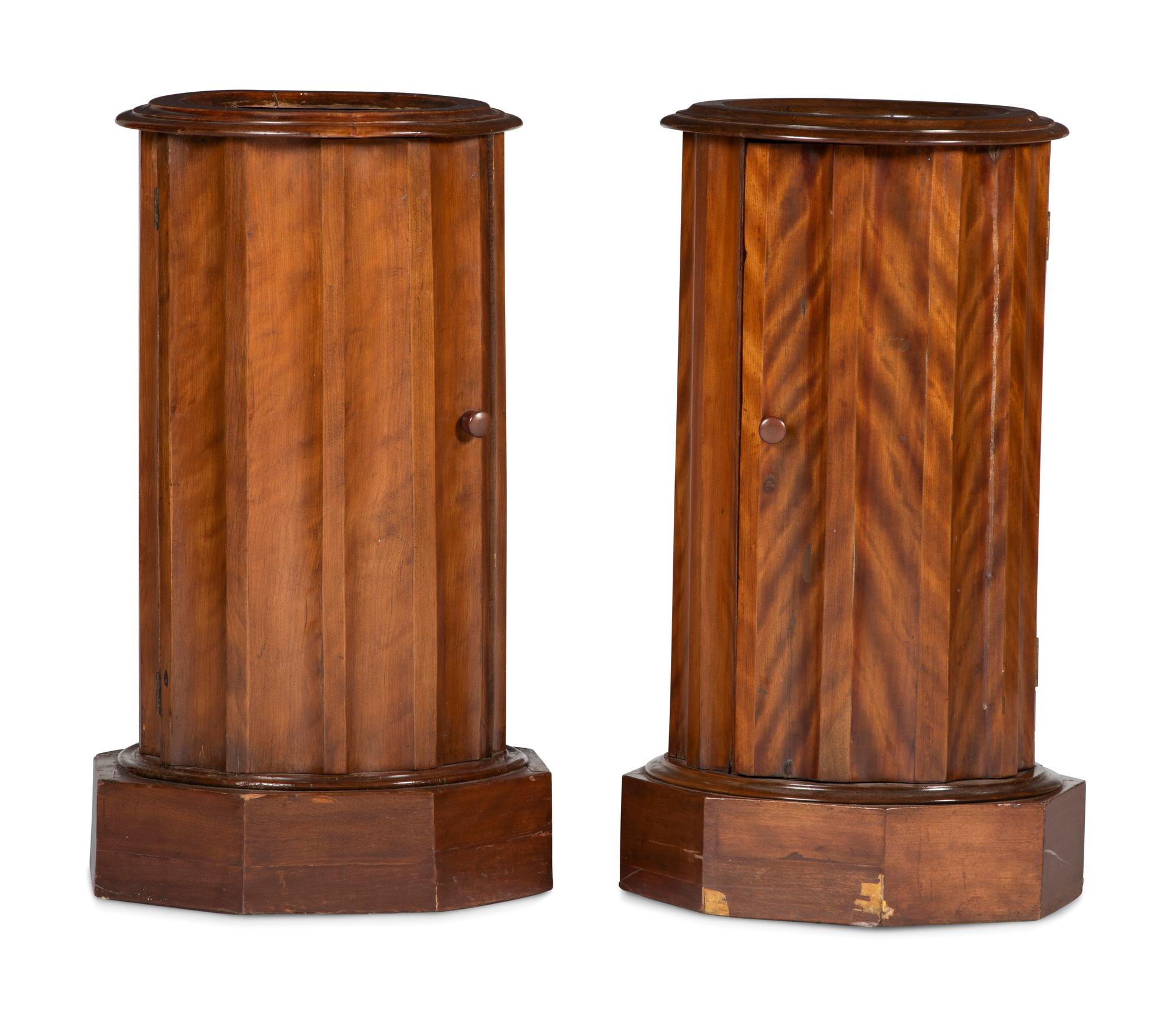 A Matched Pair of Regency Style Marble-Inset Figured Birch Column-Form Pot Cupboards