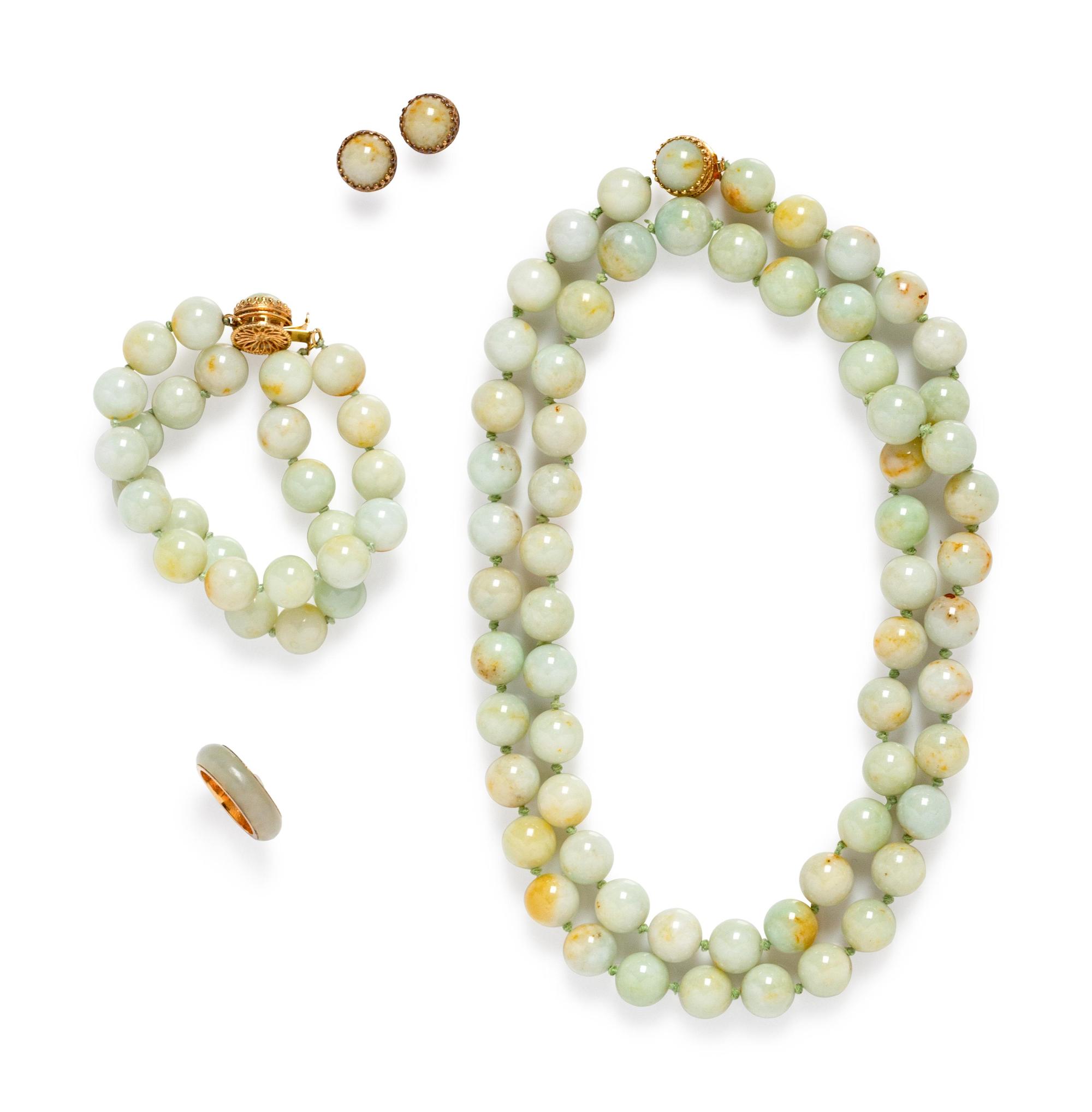 A 14 Karat Yellow Gold and Jade Demi-Parure,