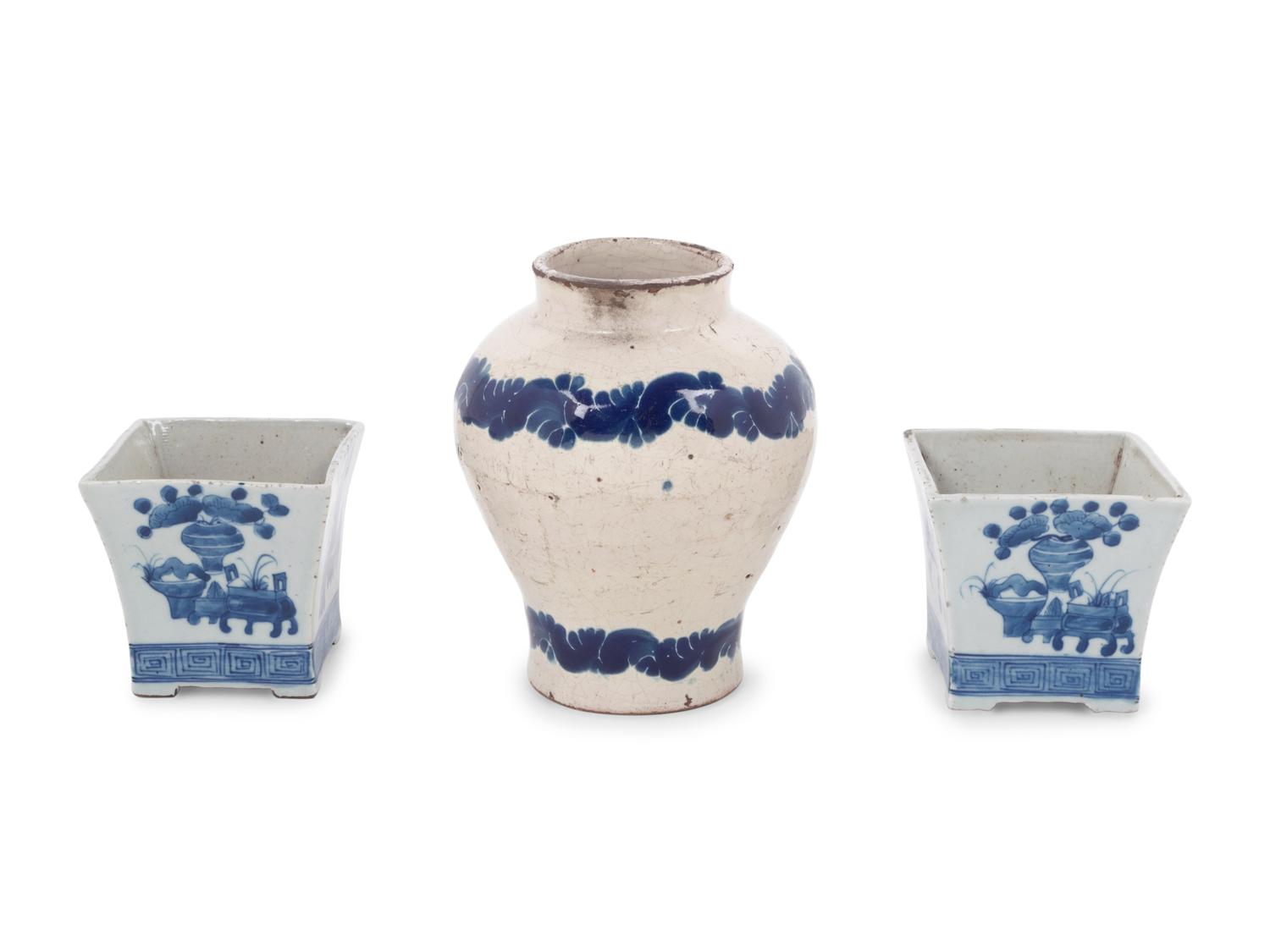 A Pair of Chinese Miniature Planters in Blue and White and a Blue and White Vase