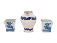 A Pair of Chinese Miniature Planters in Blue and White and a Blue and White Vase