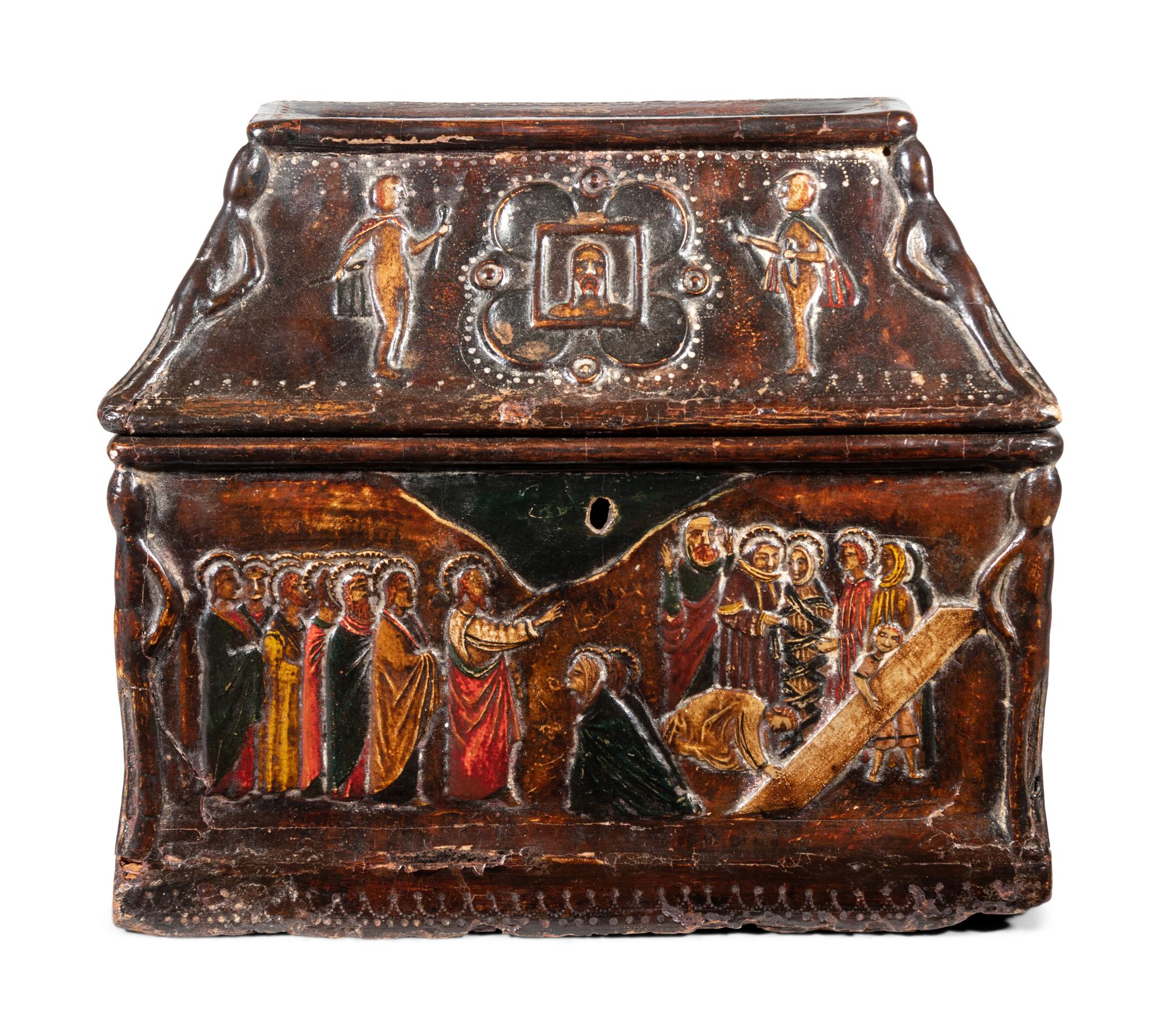 An Italian Polychrome Decorated Salt Box Depicting Scenes from the Crucifixion