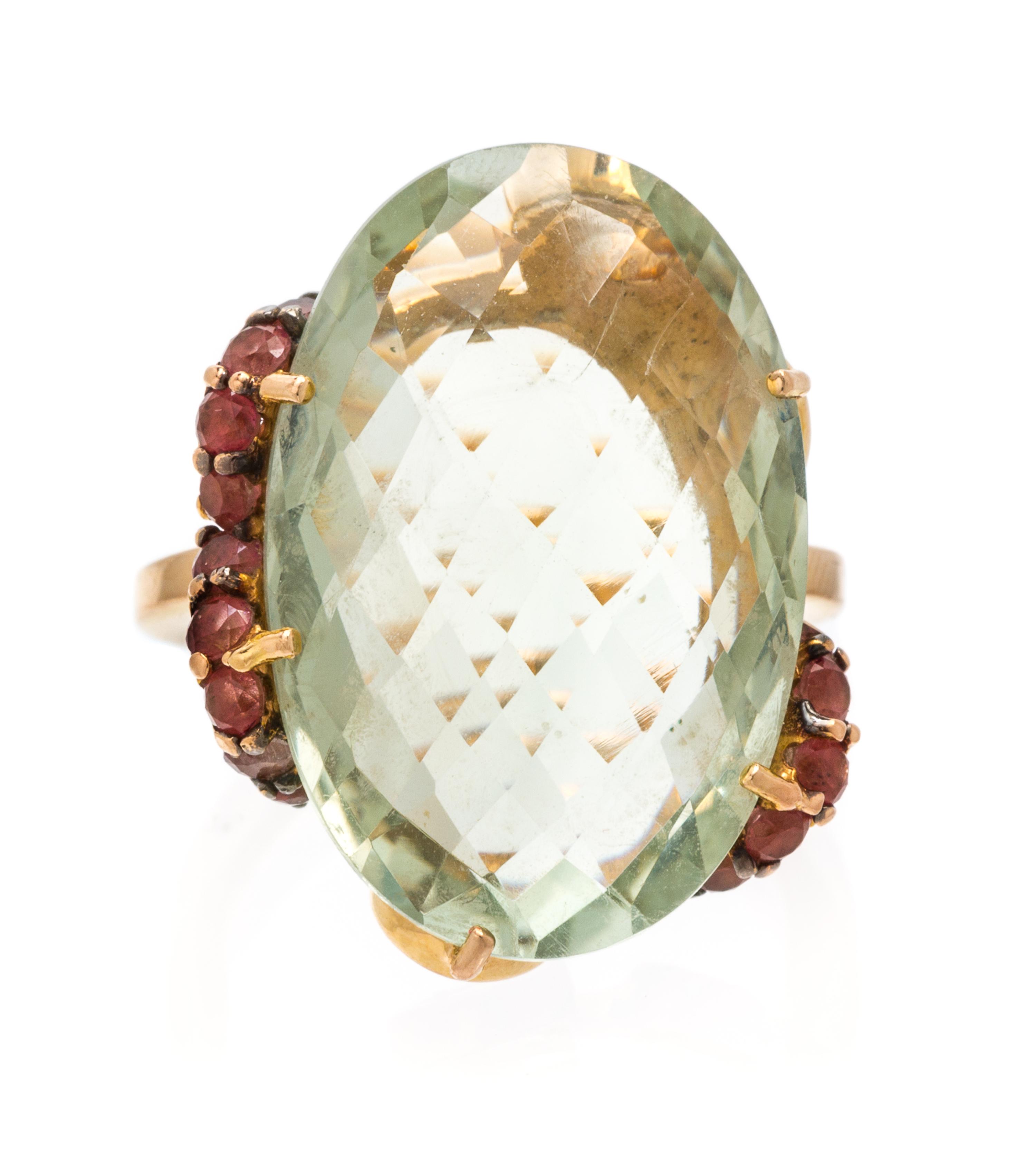 An 18 Karat Rose Gold, Green Amethyst and Tourmaline Ring, 7.30 dwts.