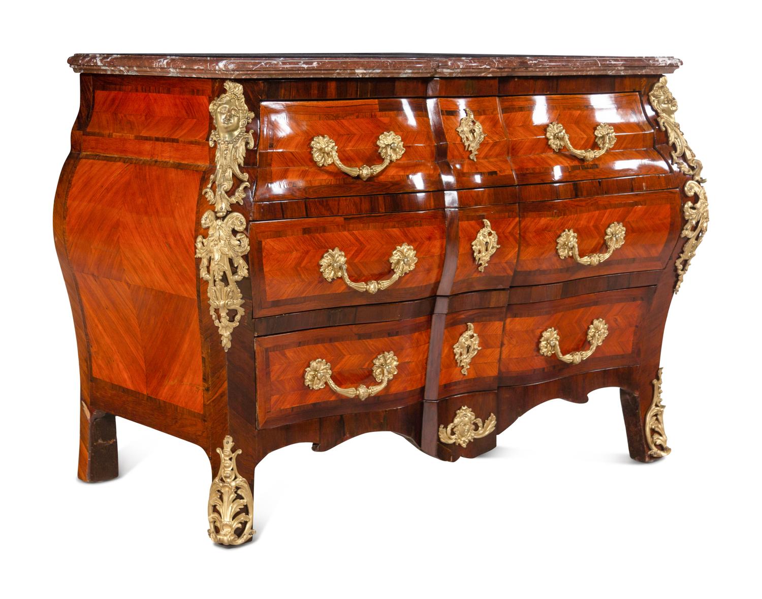 A Régence Style Gilt Bronze Mounted Parquetry Marble-Top Bombe Commode