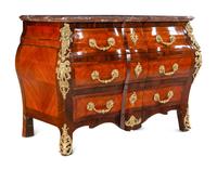 A Régence Style Gilt Bronze Mounted Parquetry Marble-Top Bombe Commode