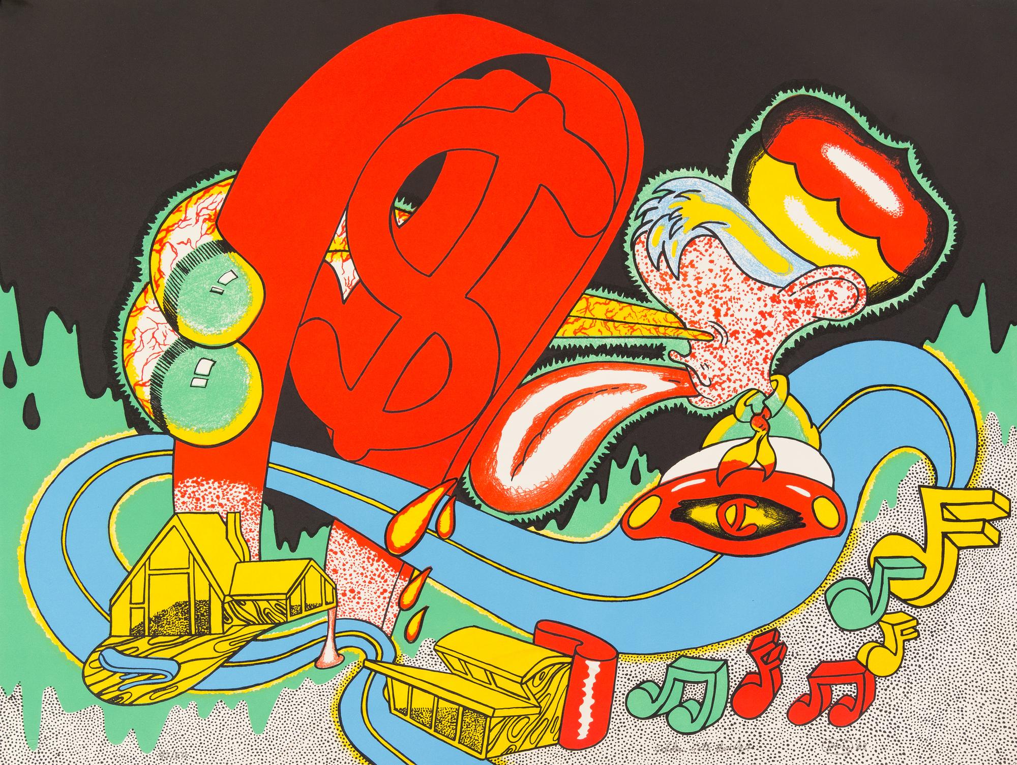 Peter Saul, (American, b. 1934), Golden Gate Bridge, 1968 World of America Number One, 1967 (a pair of works)