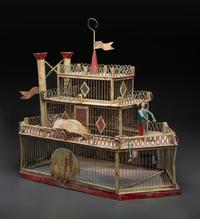 A Painted Sheet Metal and Wire Steamboat Form Birdcage