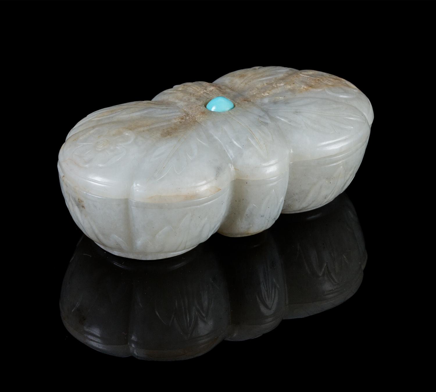 A Mughal-Style White Jade Box Width 3 3/8 inches.