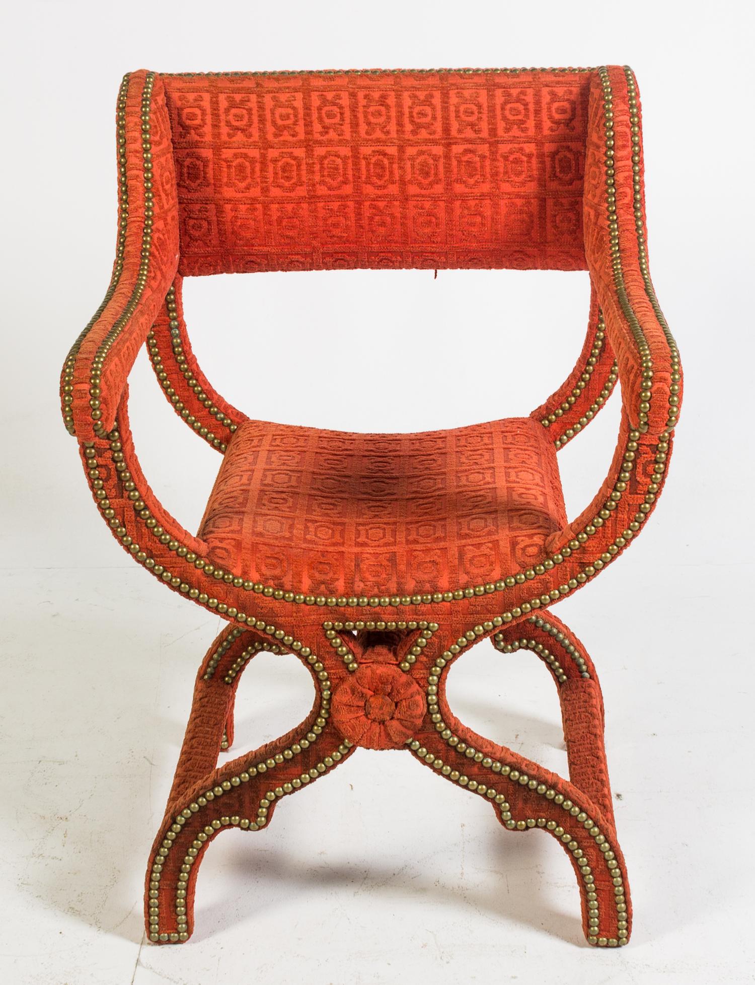 A Nailhead Decorated Upholstered Savonarola Armchair Height 34 3/4 inches. — 20TH CENTURY