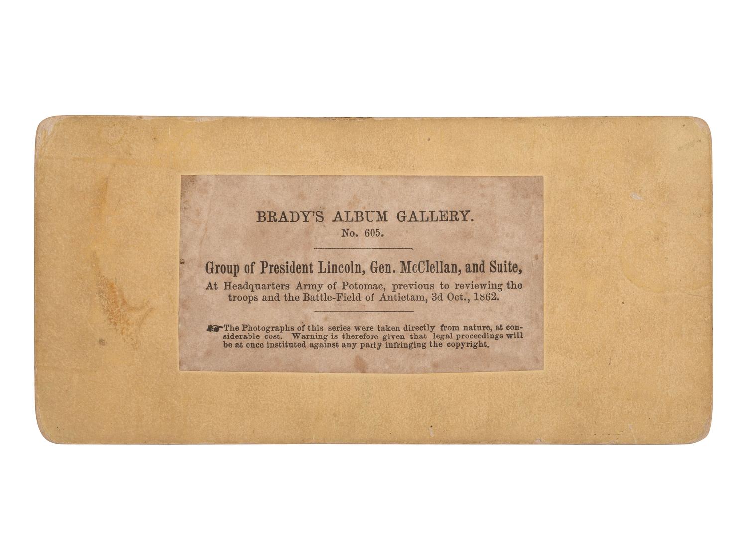 [LINCOLN, Abraham (1809-1865)]. GARDNER, Alexander, photographer. Group of President Lincoln, Gen. McClellan, and Suite... Brady, 1862.