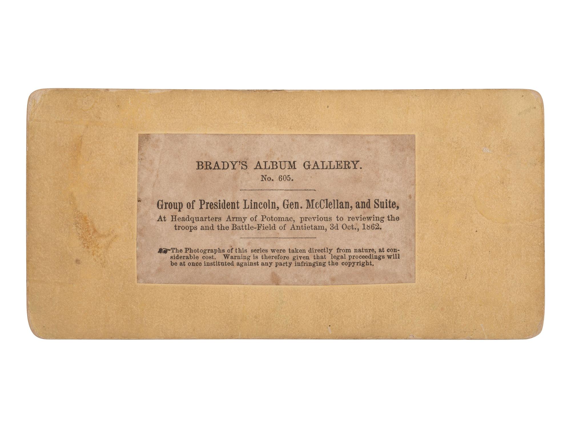 [LINCOLN, Abraham (1809-1865)]. GARDNER, Alexander, photographer. Group of President Lincoln, Gen. McClellan, and Suite... Brady, 1862.