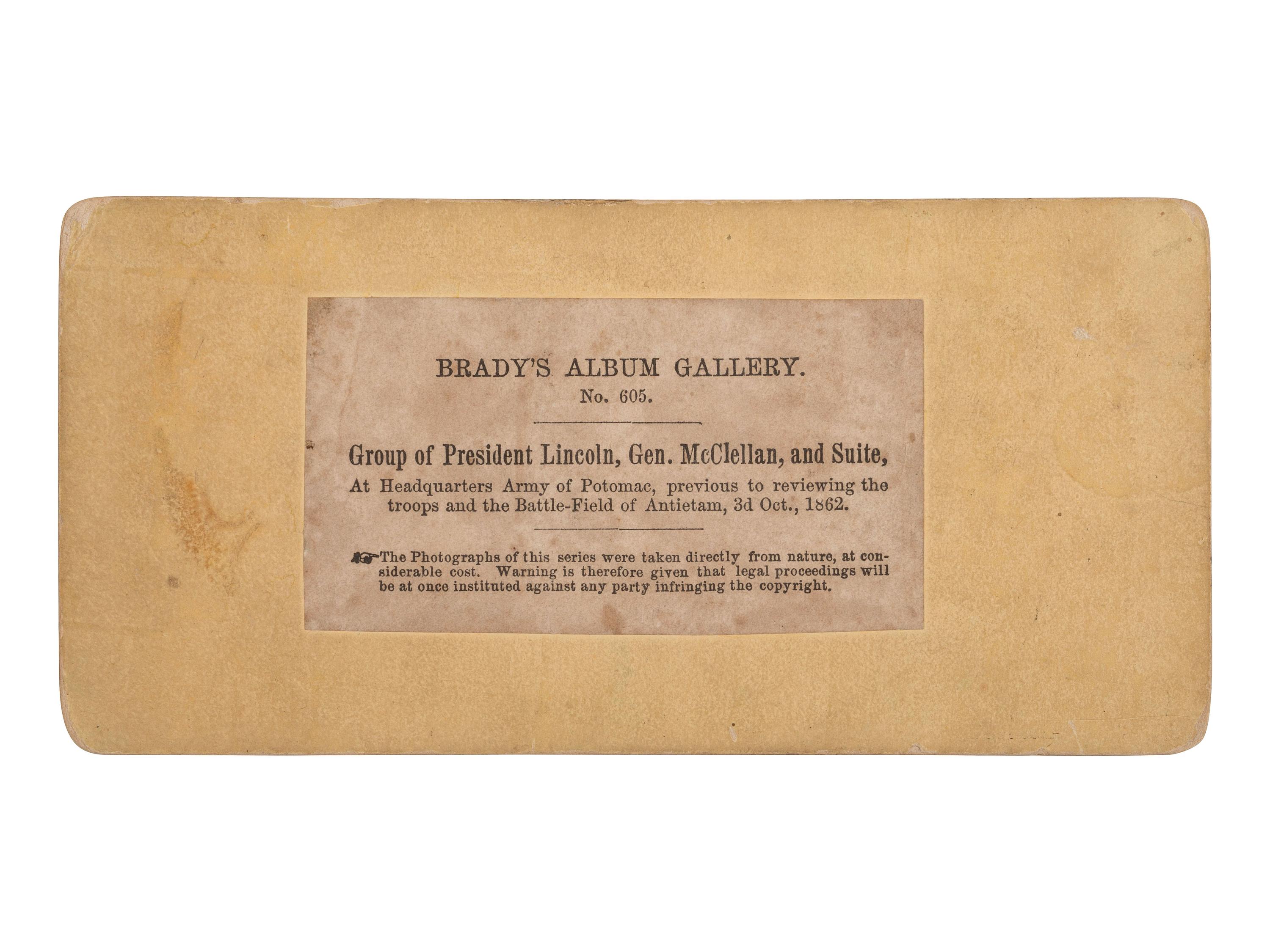 [LINCOLN, Abraham (1809-1865)]. GARDNER, Alexander, photographer. Group of President Lincoln, Gen. McClellan, and Suite... Brady, 1862.